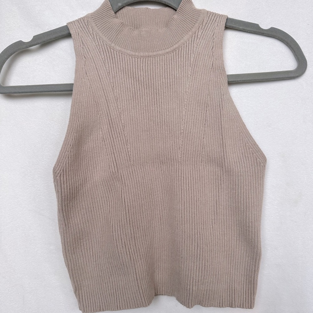 High neck knit sweater tank, neutral top